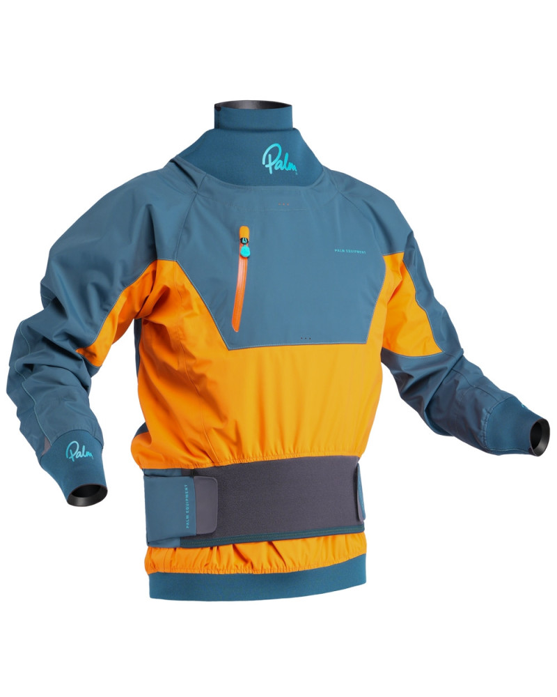 Blue/Orange Men's paddle jacket with waterproof material, neoprene waistband, and cuffs for protection when whitewater paddling.
