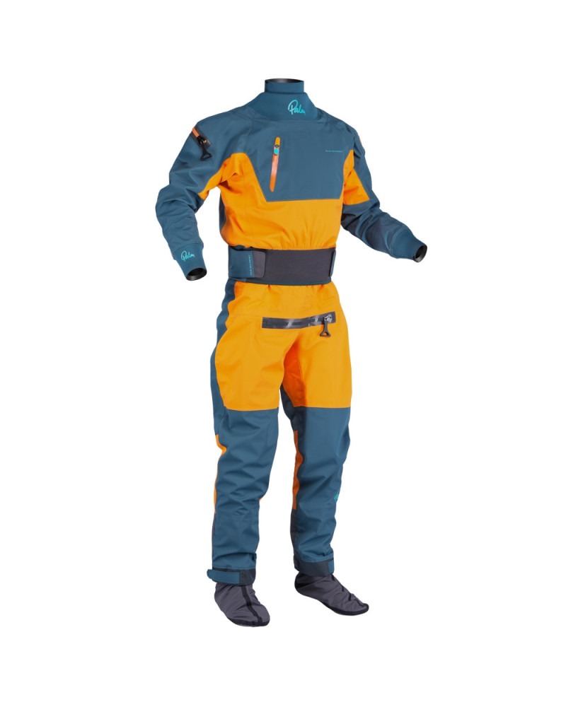 Blue/ Orange dry suit for whitewater with waterproof material and sturdy waistband for kayaking.