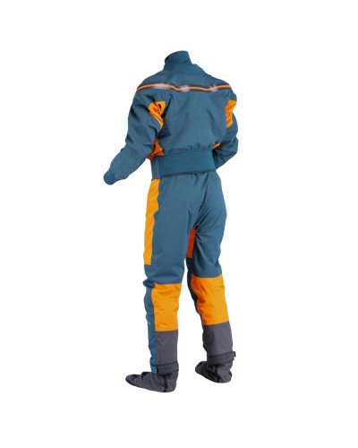 Blue/ Orange dry suit for whitewater with waterproof material and sturdy waistband for kayaking.