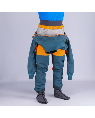 Blue/ Orange dry suit for whitewater with waterproof material and sturdy waistband for kayaking.