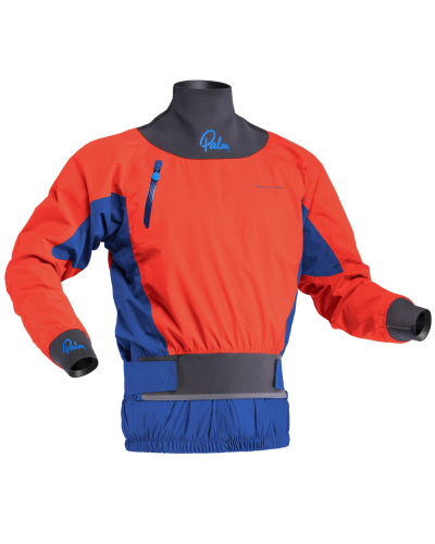 Red waterproof paddle jacket with neoprene waistband and cuffs for protection when whitewater rafting and kayaking.