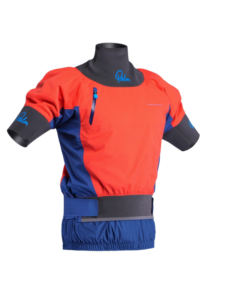 Rote Kurzarm-Paddeljacke mit wasserdichtem Material und Neoprenbund für Schutz beim Kajakfahren.