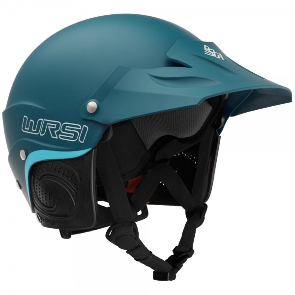 Blue whitewater helmet with extended visor, ear protection, and adjustable chin strap for optimal protection.