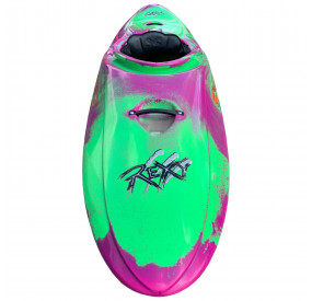 Whitewater kayak with colorful design, ergonomic cockpit, and dynamic hull for playboating.