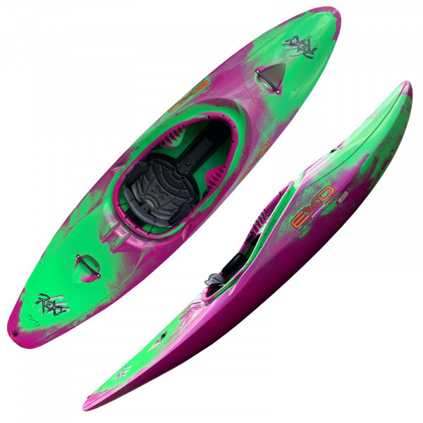 Whitewater kayak with colorful design, ergonomic cockpit, and dynamic hull for playboating.