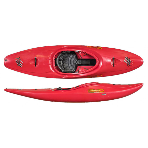 Red Pyranha whitewater kayak with ergonomic cockpit, stable hull, and sporty lines.